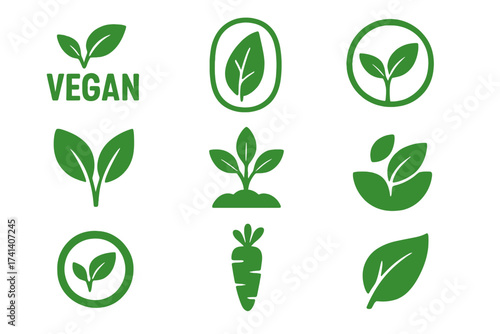 Vegan logos collection set, organic bio leaf icons, raw healthy food badges, green eco stickers, plant-based vegan signs, natural product labels for cafe, restaurants, packaging vector
