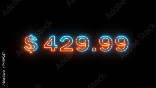Neon counting dollar number illustration. Glowing dollar sign on black background.