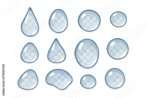 Realistic Water Droplets Set Vector Illustration with Transparent Background, Various Shapes and Sizes, Glossy Liquid Drops Collection for Design