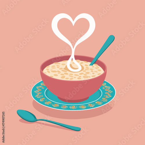 Flat solid color vector of cozy porridge bowls with fruit, honey drizzle, cinnamon sticks, and playful cartoon elements, warm morning breakfast scene, perfect for World Porridge Day design