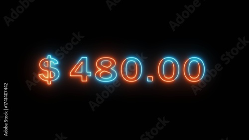 Neon counting dollar number illustration. Glowing 480 dollar sign on black background.