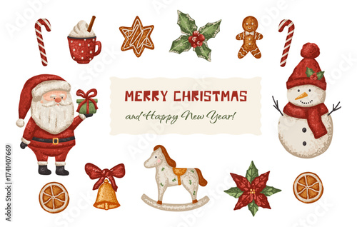 Christmas set with cute Santa Claus and snowman character. Xmas greeting banner with gingerbread and mistletoe berry in flat style