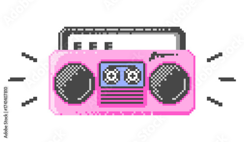 Pixel art pink retro boombox vector illustration in y2k vintage style.  Tape recorder music icon. Cassette player vintage 8-bit element.
