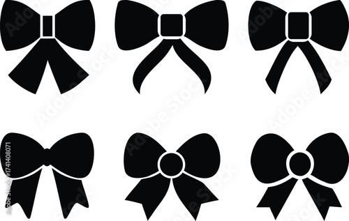 Collection of six different decorative bow silhouettes isolated on white background