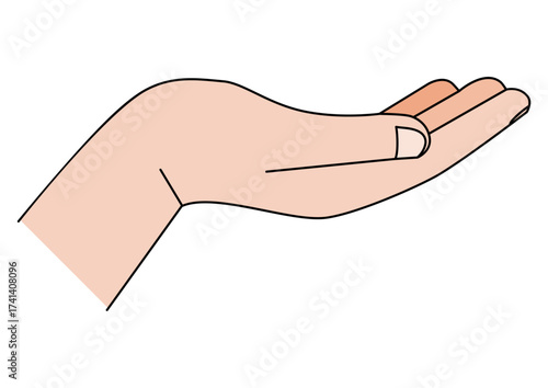 An illustration of a hand with an open palm reaching out in a gesture of receiving or giving. Concept of human interaction.
