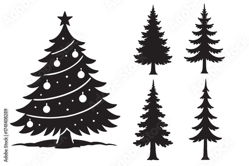 Christmas trees set. Silhouette of various christmas trees isolated on white background, perfect for festive decorations, holiday cards, and winterthemed designs, offering a classic and elegant touch