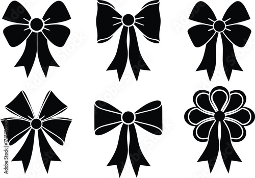 Collection of six different decorative bow silhouettes isolated on white background