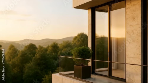 Modern Balcony Glass Door Plant Hills Sunset View Nature Landscape Home
