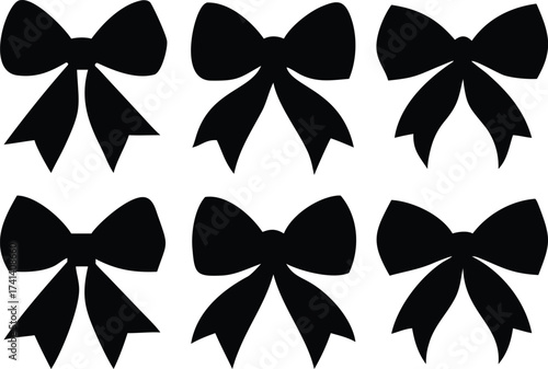 Collection of six decorative bow silhouettes isolated on white background