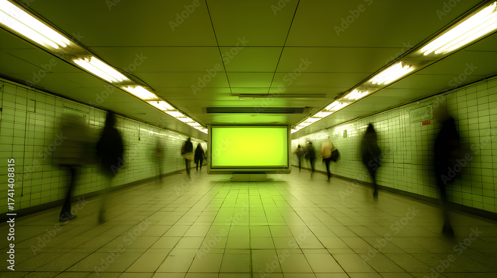 Obraz premium Commuters rushing past blank advertisement screen in subway tunnel