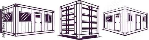 Outline illustration of modular container houses with doors, windows, and frame structure. Modern portable building design for housing, storage, and office use. Vector architecture drawing for real es