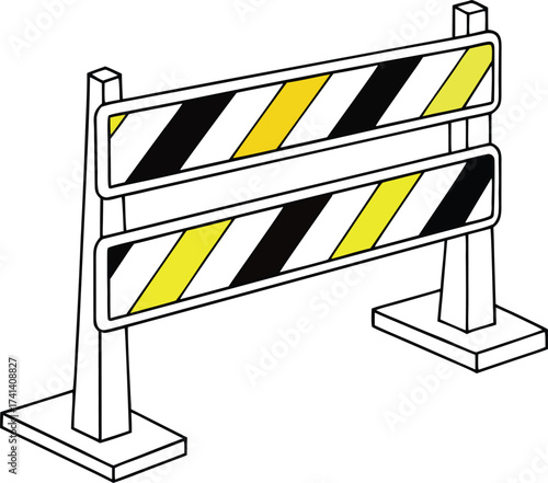 Yellow and black striped safety barrier in outline style. Construction zone caution sign for roadwork, hazard, and restricted area control. Vector illustration for safety and project design.