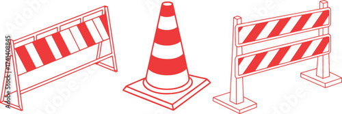 Red and white traffic barrier set with cone and roadblock symbols in outline style. Safety construction signs for warning, control, and restricted area design. Vector illustration for web, app, and pr
