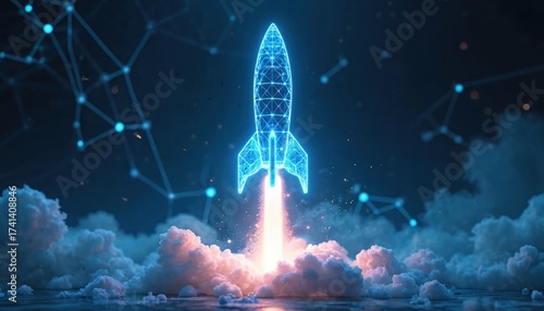 Digital rocket launches from dark tech background. Blue wireframe spacecraft takes off with bright flame, clouds below. Future space travel, innovation, startup growth concept. Global data network