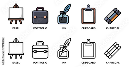 art studio and supplies icon set with easel, portfolio, ink, clipboard and charcoal symbols, vector illustrations for fine arts and traditional drawing