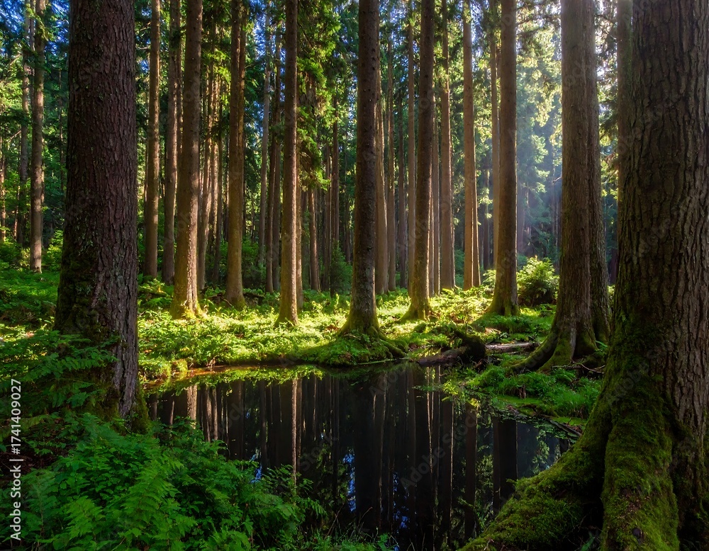 Obraz premium Sunlit forest floor with reflections