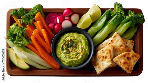 Fresh vegetable platter with guacamole and pita bread on wooden tray  
