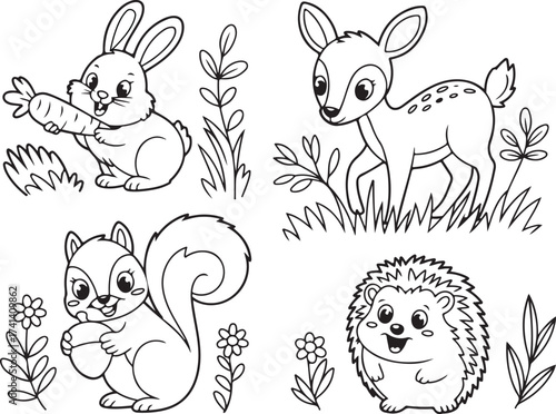 A set of four charming line drawings of a rabbit, deer, squirrel, and hedgehog, perfect for children's coloring activities.