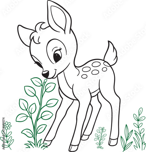 A black and white outline illustration of a young deer nibbling on leaves, surrounded by simple drawings of plants and flowers.