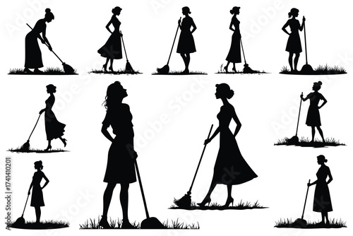 Multiple black silhouettes of women with brooms and mops