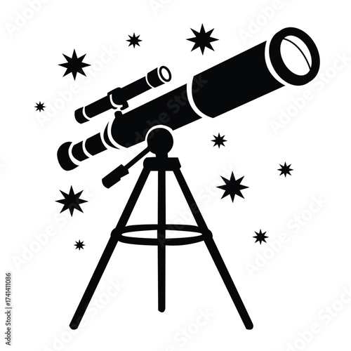 Detailed black silhouette illustration of a large telescope on a tripod, surrounded by bright, stylized stars.