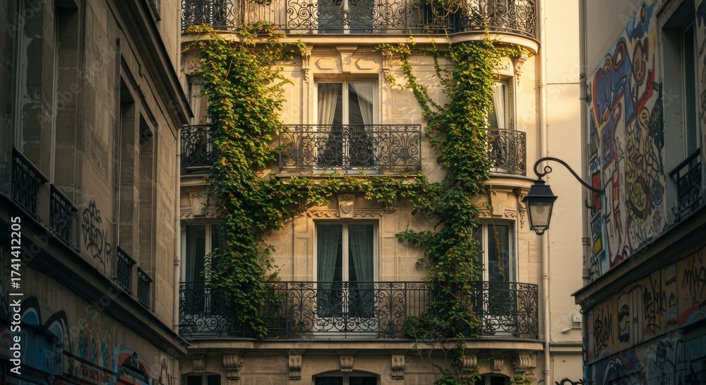 Fototapeta premium Paris street view Building facade with ivycovered balconies amidst neighboring walls