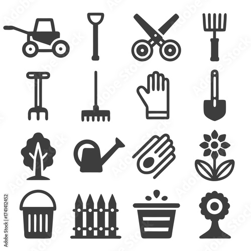 Collection of garden tools and elements icons equipment lawnmower