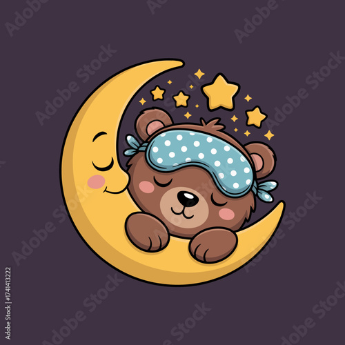 An adorable bear wearing a sleepy mask rests on a bright yellow crescent moon adorned with stars, evoking a sense of comfort and coziness in a whimsical night scene.