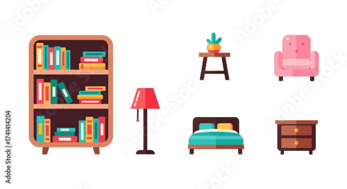 Minimalist Style Complete Furniture Arrangement With Colorful Books for Interior