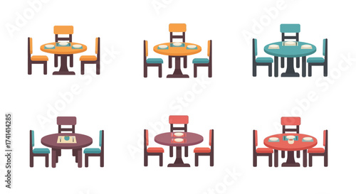 Flat Illustration Round Dining Table and Chair Set Furniture