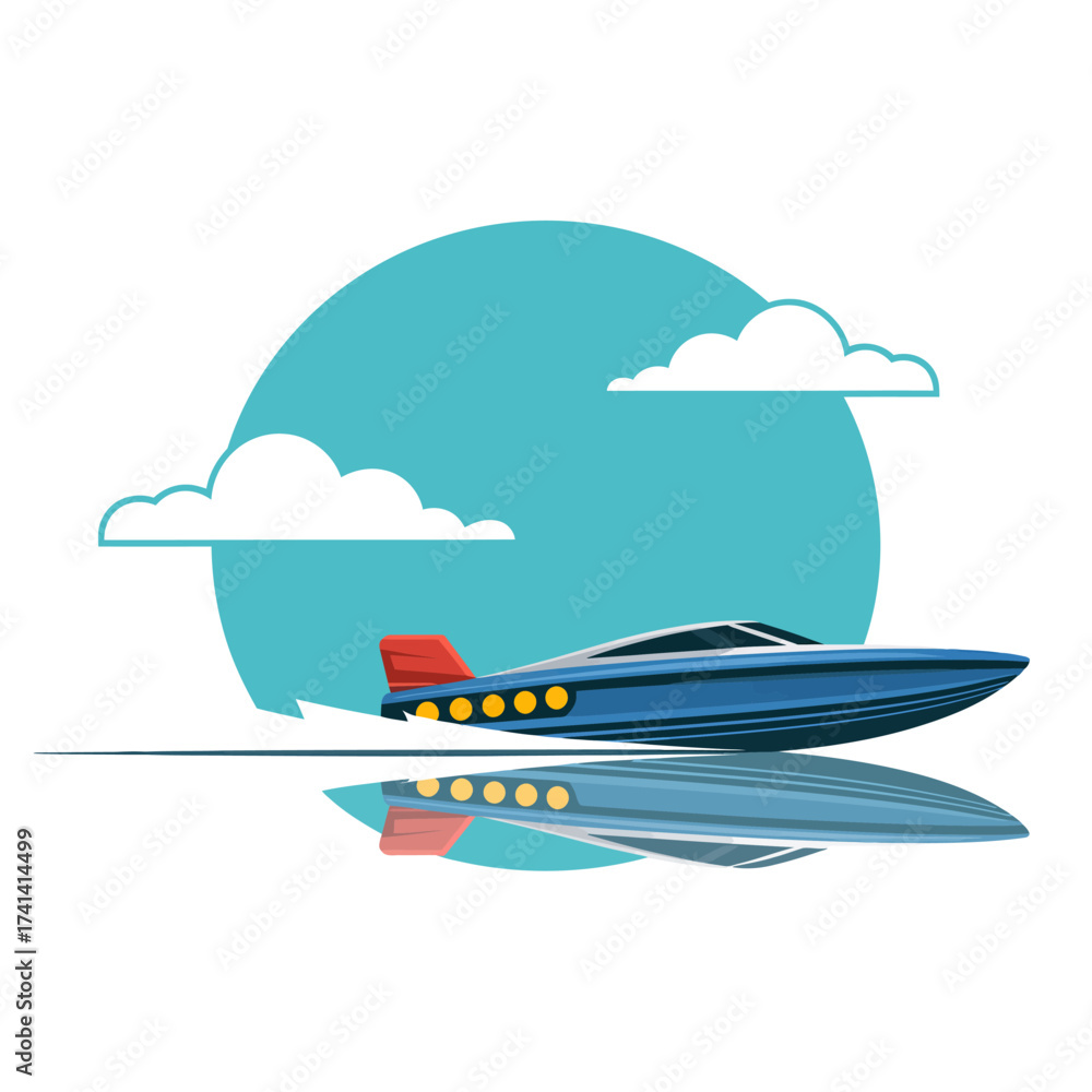 Fototapeta premium A vibrant illustration of a speedboat cutting through water, embodying the thrill of adventure and leisure on the open waters with a sleek design.