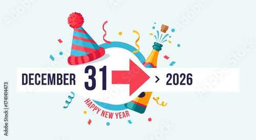 Flat Illustration December 31st Countdown to New Year 2026 Celebration