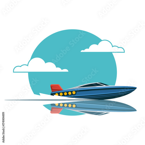 A vibrant illustration of a speedboat cutting through water, embodying the thrill of adventure and leisure on the open waters with a sleek design.