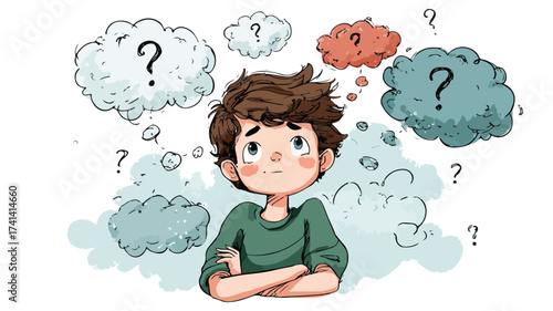 Adorable Young Boy with Thought Bubbles and Question Marks, Contemplating Creativity