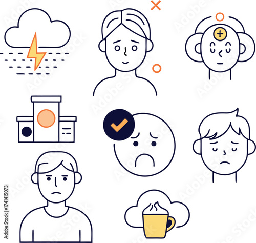 Set of hand drawn icons representing emotions stress success and disappointment cloud rocket celebration sad face
