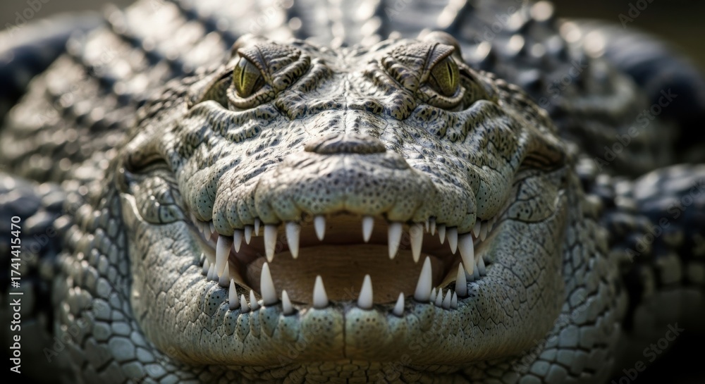 Obraz premium Dramatic low-angle close-up of menacing crocodile showing sharp teeth and textured scales with blurred background