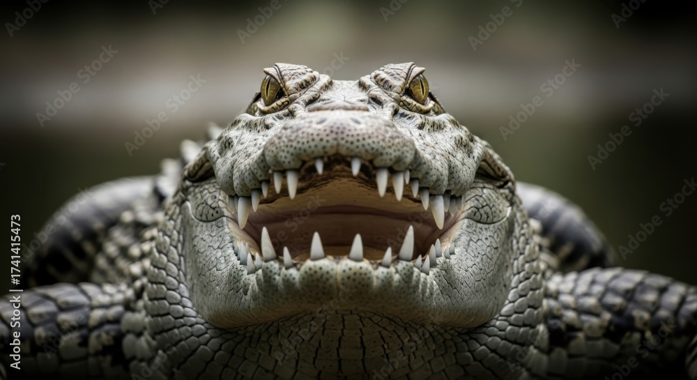 Fototapeta premium Dramatic low-angle close-up of menacing crocodile showing sharp teeth and textured scales with blurred background
