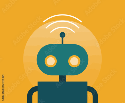 This friendly robot icon features a vibrant color palette and waves above its head, symbolizing technology, communication, and a sense of connection in a playful manner.