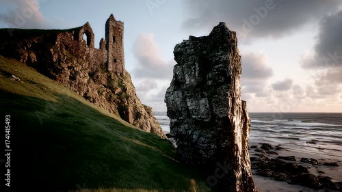 Ancient Ruins on Cliff Edge with Green Hill and Ocean Waves Under Cloudy Sunset Sky