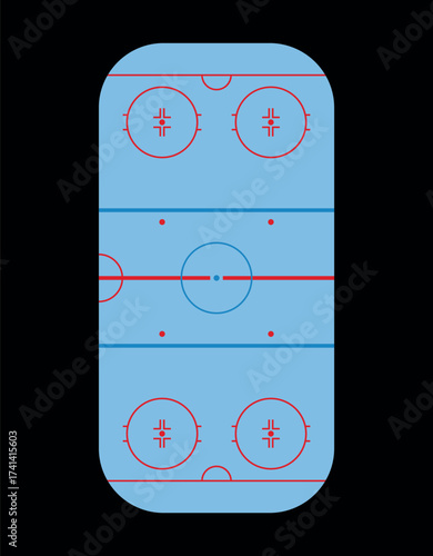 A hockey rink with markings. A court for the sport of ice hockey. A fixture of a match, competition, or championship.