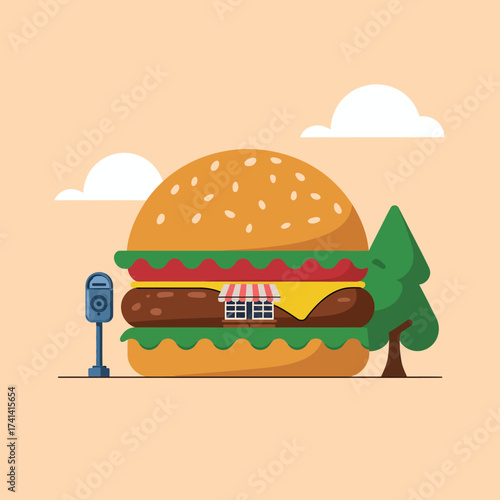 An imaginative burger illustration featuring a cozy house and a tree, set against a soft backdrop. A playful representation of food art and creativity in design.