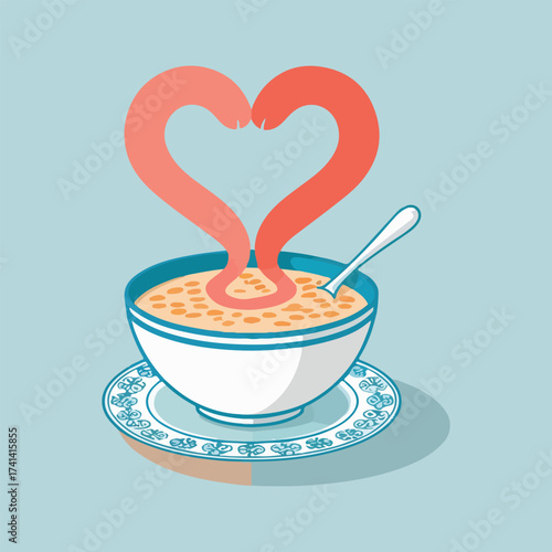 World Porridge Day vector illustration of steaming oatmeal bowls topped with berries, honey, and nuts, cozy breakfast scene, flat solid color design, friendly and appetizing food art
