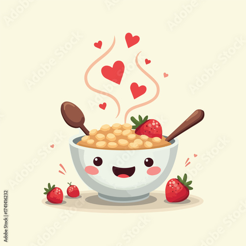 World Porridge Day vector illustration of steaming oatmeal bowls topped with berries, honey, and nuts, cozy breakfast scene, flat solid color design, friendly and appetizing food art