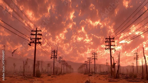 Red Sky with Stormy Clouds Over Desert Road and Tall Power Lines in Dusty Landscape