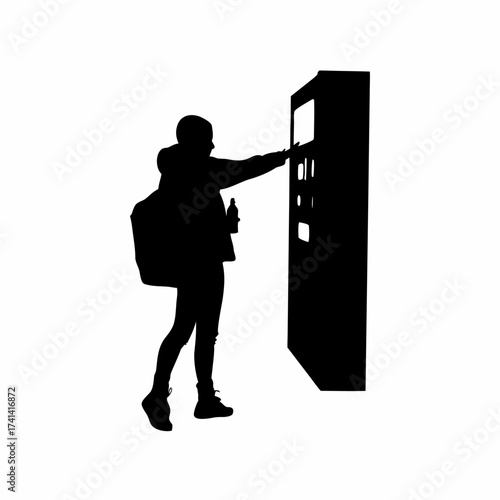 Silhouette of a person buying a snack from a vending machine isolated on white background