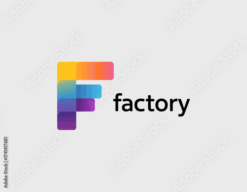 A colorful and modern logo design for a factory, emphasizing progress and innovation through geometric forms and bright colors, ideal for a manufacturing brand.
