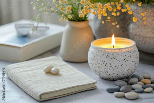 Serenity is found with a lit candle and fresh flowers on a calm afternoon