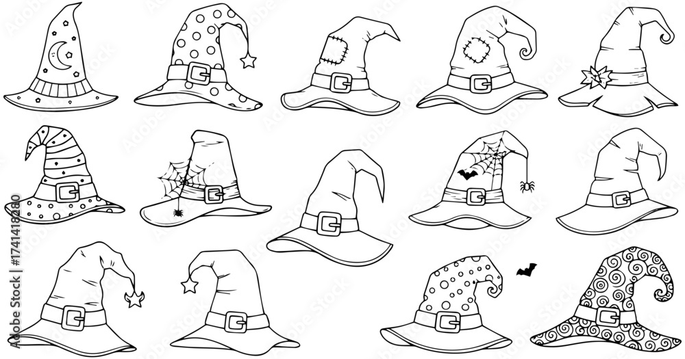 Fototapeta premium Whimsical collection of witch hats for Halloween party decorations or spooky designs originally vector