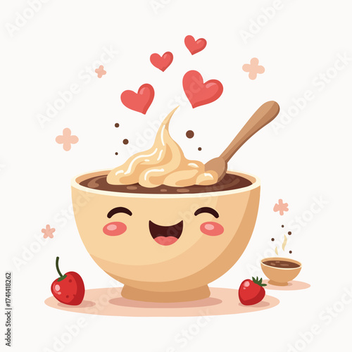 Vector illustration of healthy oatmeal porridge with berries, nuts, and warm steam, top-down flat design, cozy breakfast atmosphere, minimalist solid color style, World Porridge Day concept