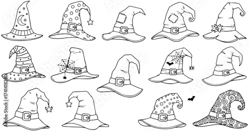Whimsical collection of witch hats for Halloween party decorations or spooky designs originally vector